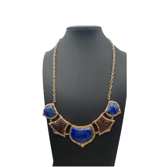 Barse Lapis Lazuli & Tooled Leather Necklace Etruscan Style, Up To 19" Long - Picture 1 of 8